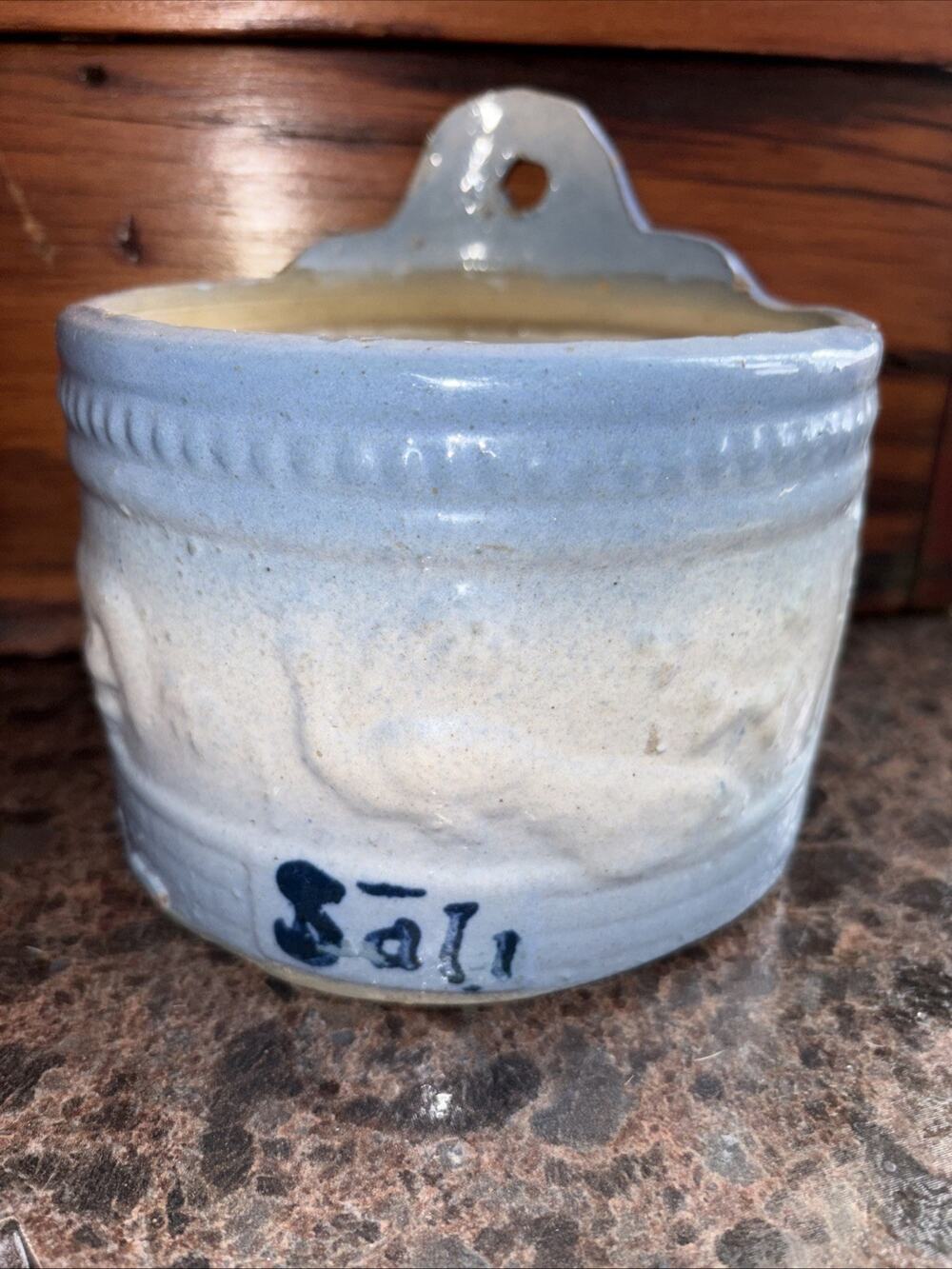 Antique Blue and White Salt Glaze Stoneware peacock at fountain salt box Crock